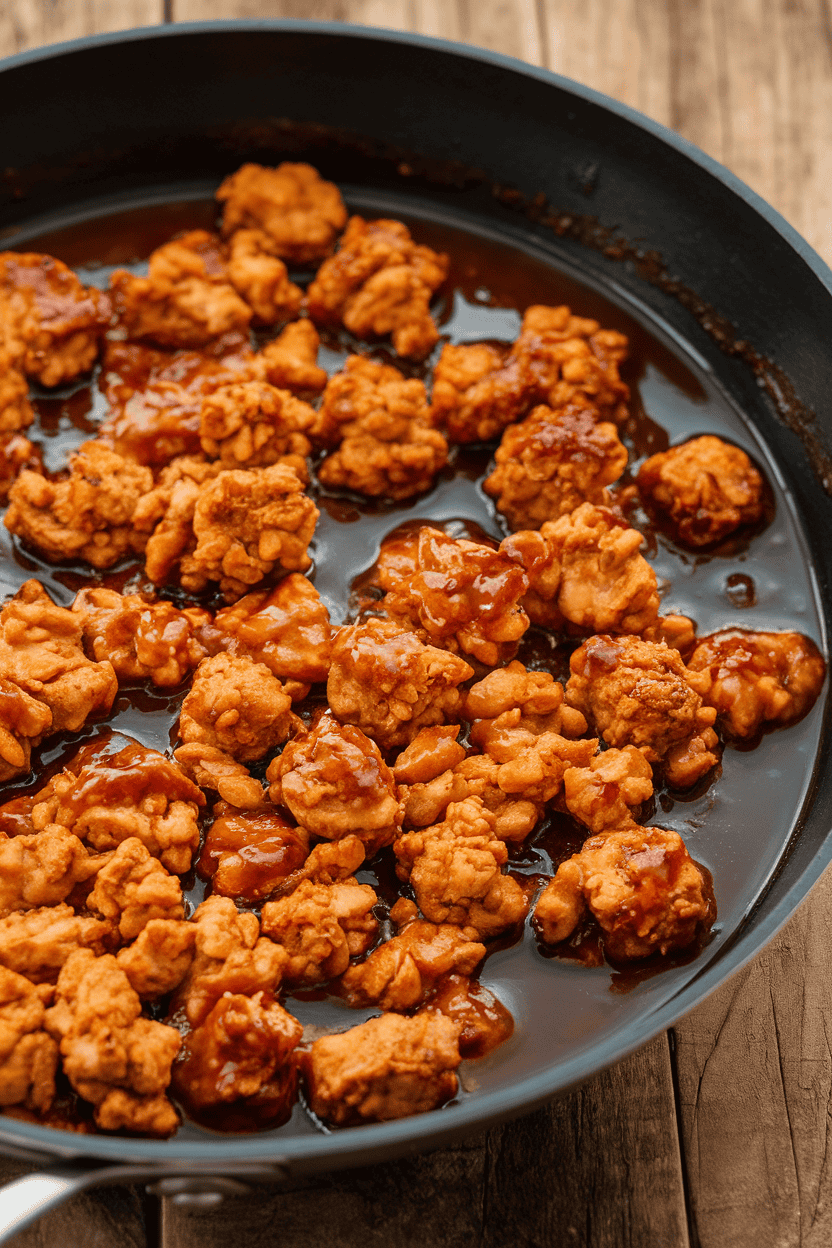 Indoor skillet shot of browned plant-based crumbles coated in teriyaki sauce, no logos
