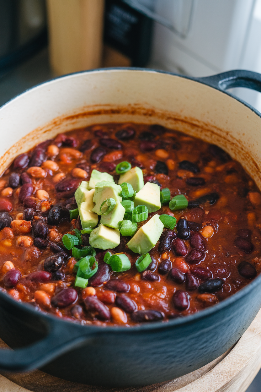 Indoor photo of a hearty three-bean chili in a cast-iron pot, topped with diced avocado and green onion; no text or logos shown.