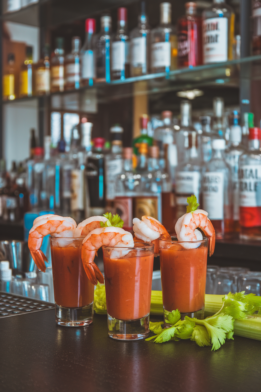 Photo of indoor bar area with shot glasses of Bloody Mary mix topped by cooked, chilled shrimp hanging over the rim, celery leaves nearby. No text or logos.