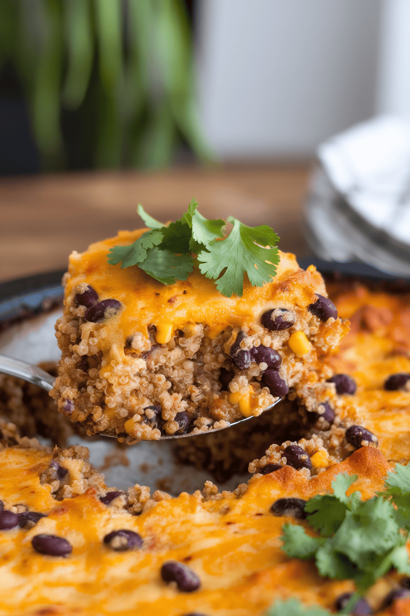 An indoor table with a scoop of cheesy quinoa casserole studded with black beans and corn, cilantro garnish. No text or logos.