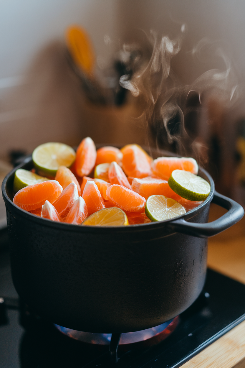 A matte black soup pot indoors overflowing with peeled clementine segments and lime wheels, thin wisps of steam from warm water underneath. No text or logos.