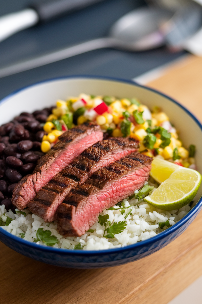 Indoor photo of a bowl filled with cilantro rice, grilled steak strips, black beans, corn salsa, and lime wedge, no text or logos. Photograph, not illustration.