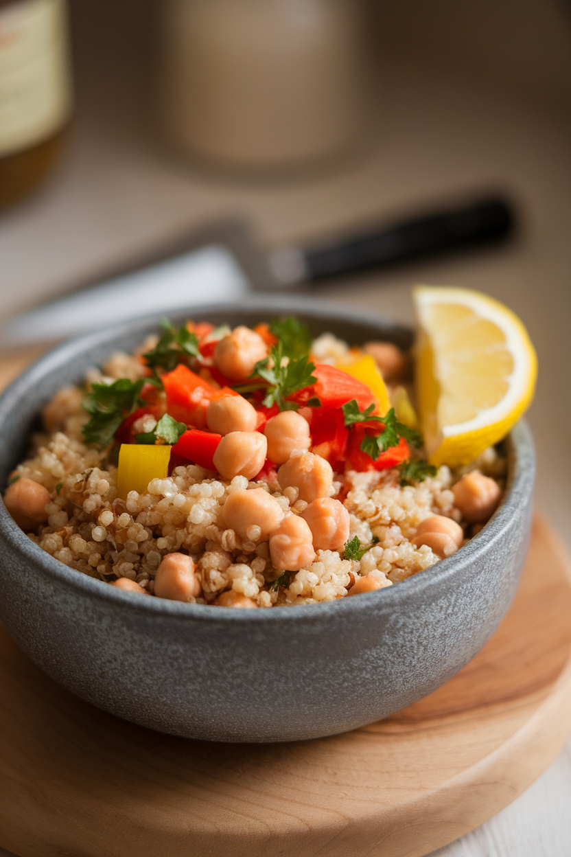 A brightly lit indoor shot of a stoneware bowl brimming with quinoa, chickpeas, diced bell peppers, parsley, and lemon wedges on the side; no text or logos anywhere.