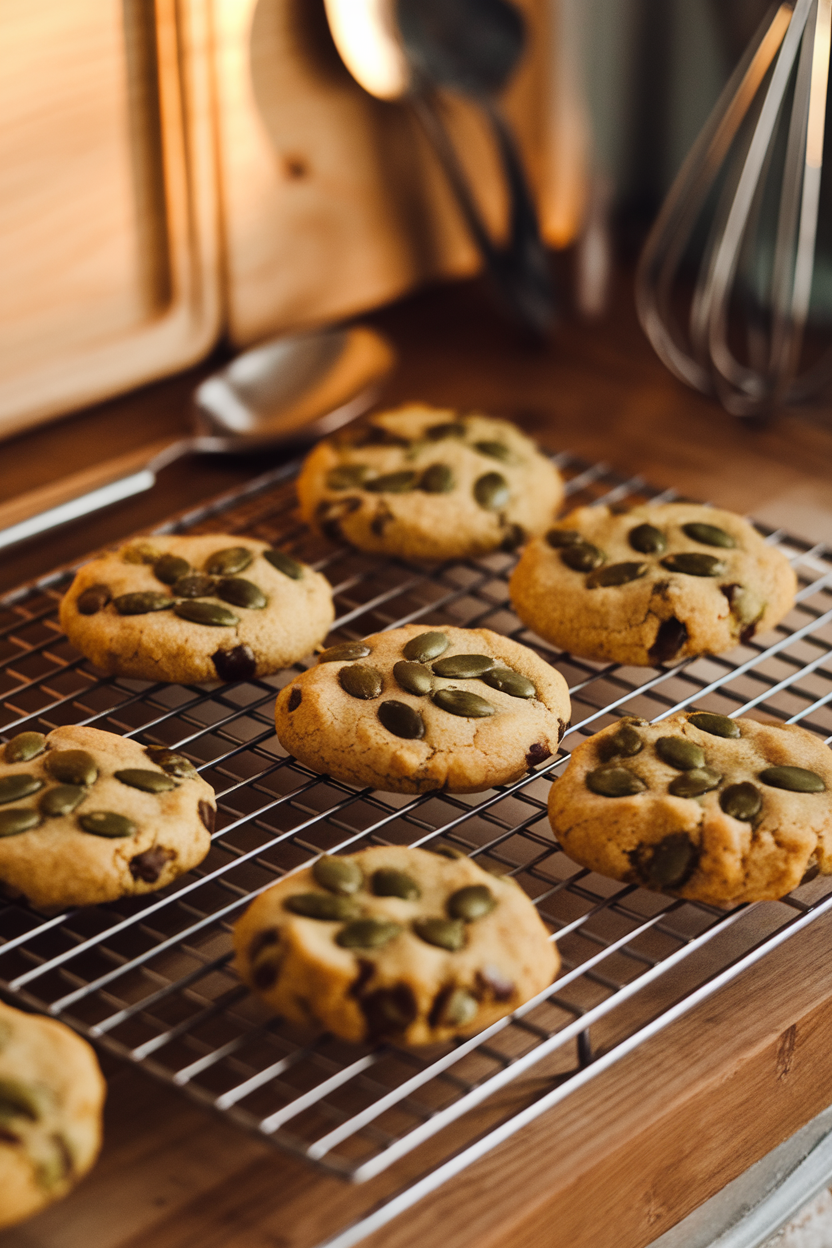 Indoor cooling rack with classic chocolate chip cookies studded with green pumpkin seeds. Warm kitchen lighting, no logos or text. Photo only.