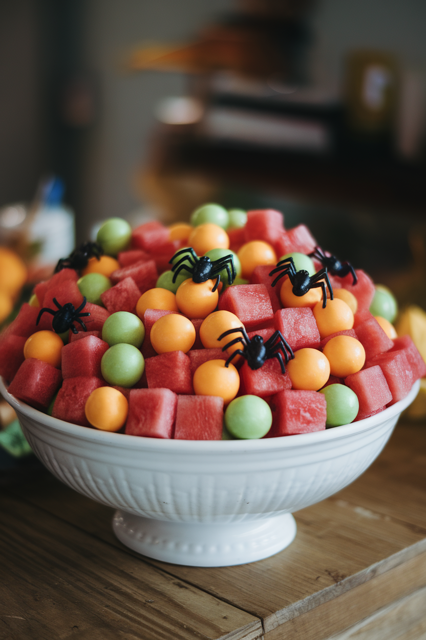 A round white bowl indoors brimming with watermelon, cantaloupe, and honeydew spheres, gummy spiders perched on top. No text or logos.