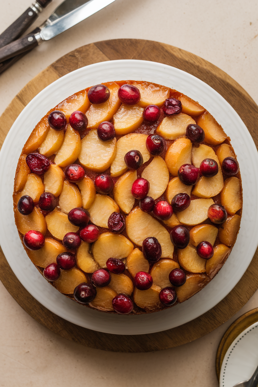An upside-down cake indoors with caramelized apple and cranberry topping forming a red-and-gold mosaic, photographed from overhead. No text or logos, photo only.