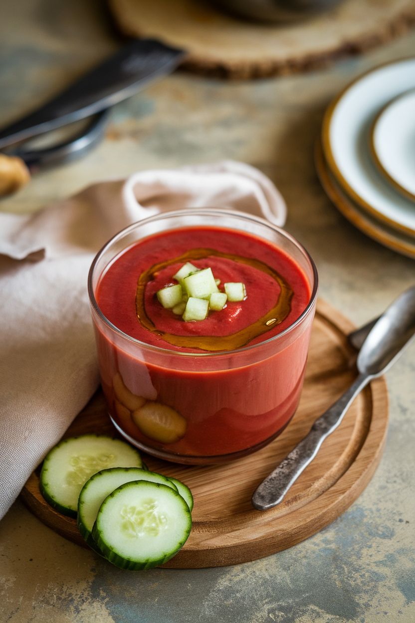 Photo of a chilled glass bowl of smooth tomato gazpacho garnished with diced cucumber and olive oil drizzle on an indoor table; no text or logos.