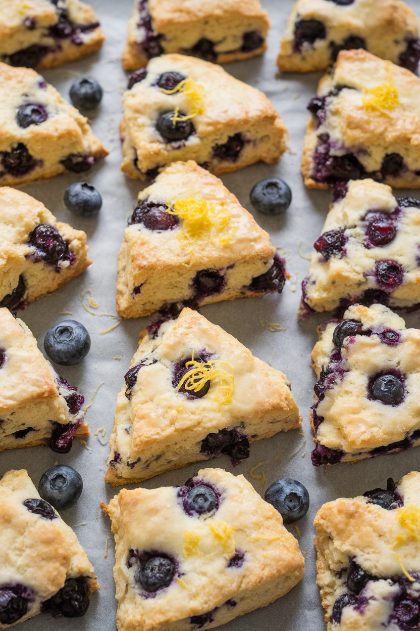 Indoor bakery-style shot of flaky blueberry scones on parchment, lemon zest sprinkled on top. No text or logos.