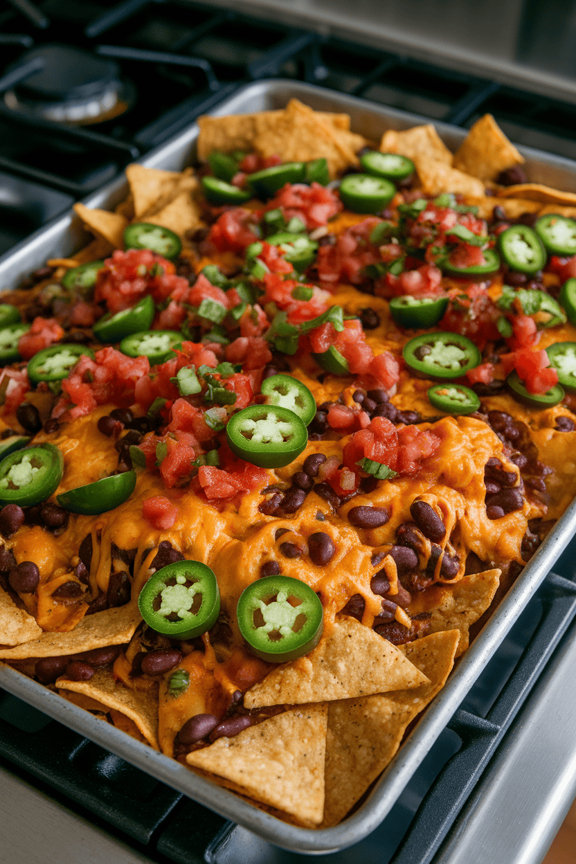 Photo of a sheet pan piled with tortilla chips, melted cheese, jalapeños, black beans, and salsa, resting on an indoor stovetop. No visible text or logos.