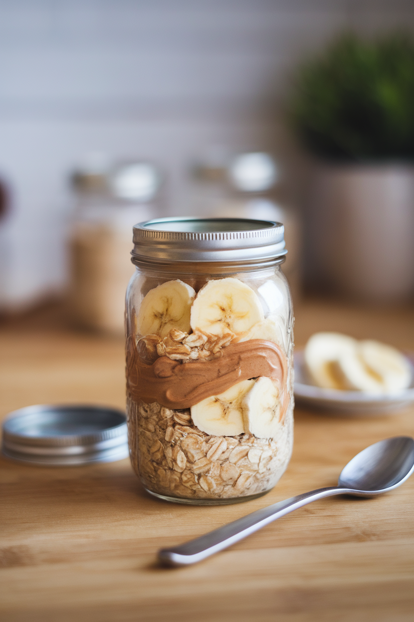 An indoor countertop scene with a mason jar of layered oats, peanut butter swirls, and banana slices, lid set aside. Photo only, no text or logos.