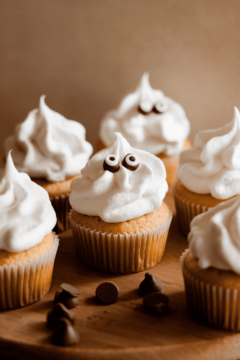 Warm indoor photo of vanilla cupcakes piled high with fluffy white marshmallow frosting shaped into soft peaks, two mini chocolate chip eyes on each; no text or logos