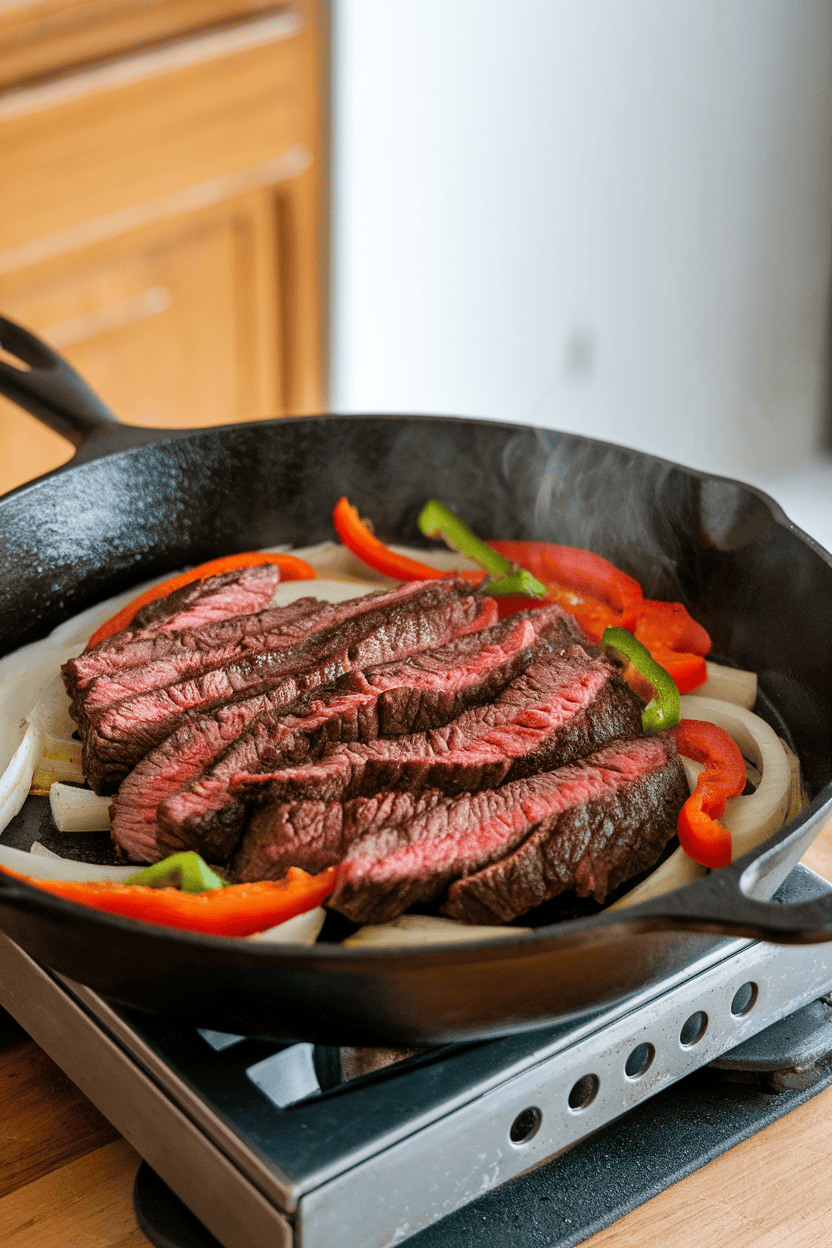Photo of sizzling cast-iron skillet filled with cooked flank steak strips, onions, and peppers set on an indoor trivet. No text or logos appear.