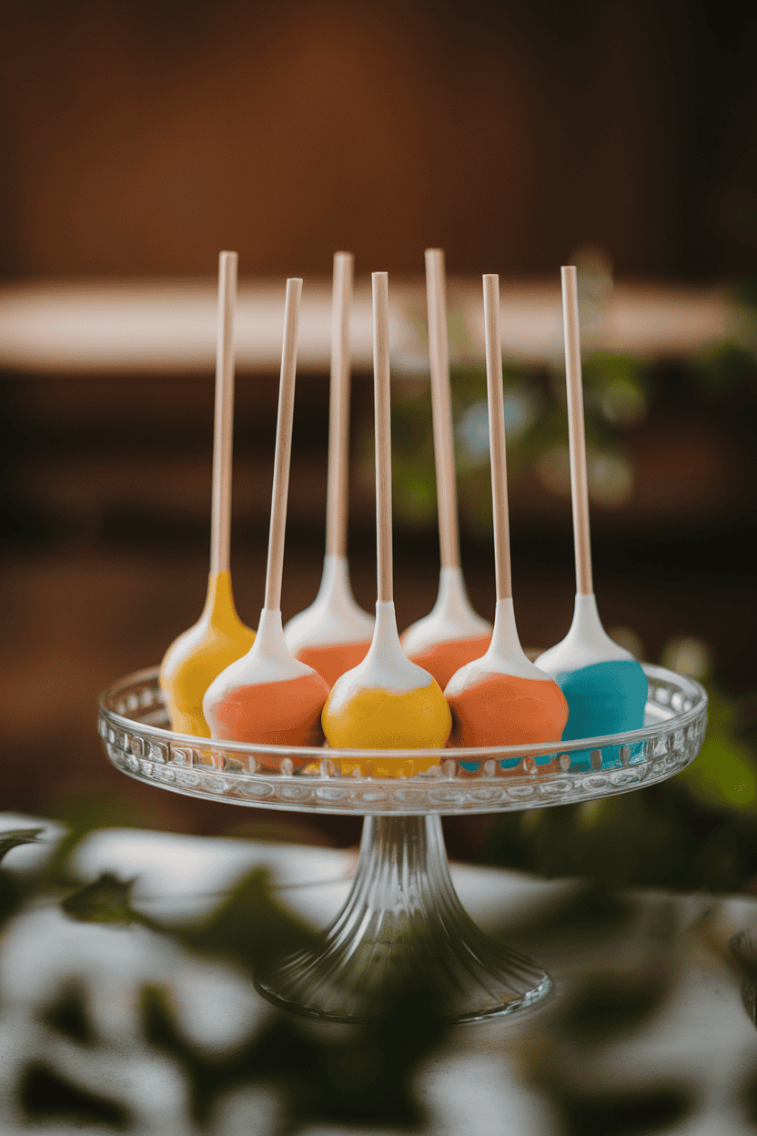 Three-color dipped cake pops—yellow base, orange middle, white tip—displayed indoors on a glass cake stand; softly diffused light, no text or logos. Photo.