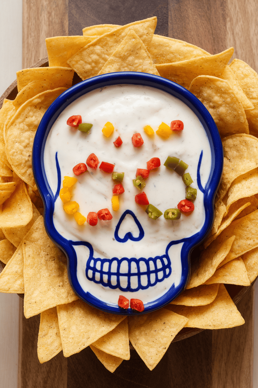 Indoor overhead photo of a skull-shaped ceramic dish filled with white queso, colorful diced peppers outlining sugar-skull designs, surrounded by tortilla chips. No text or logos.