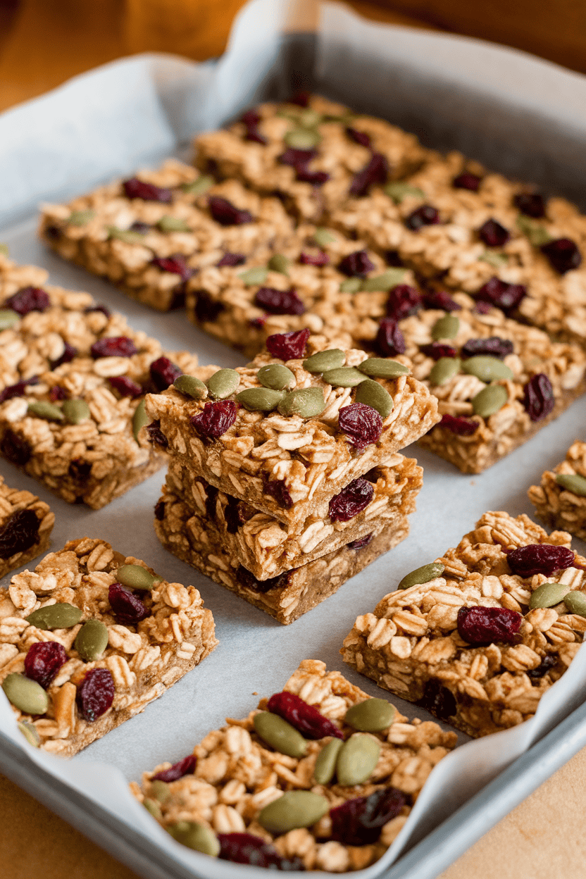 A warmly lit indoor baking tray lined with parchment, filled with homemade granola bars made from oats, dried cranberries, and pumpkin seeds. A few bars are cut and stacked neatly. No text or logos visible. Photo, not illustration.