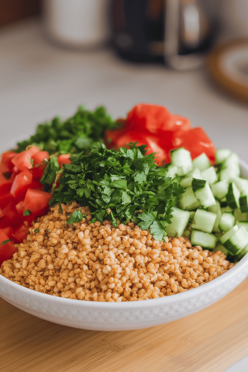 Indoor photo of a bowl brimming with bulgur wheat, finely chopped parsley, diced tomatoes, and cucumbers, fresh and vibrant, no text or logos.