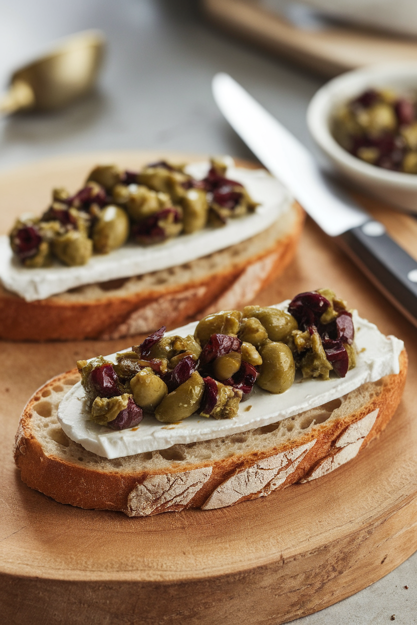 An indoor kitchen photo of two slices of toasted country bread spread with goat cheese and dotted with olive tapenade, no text or logos.