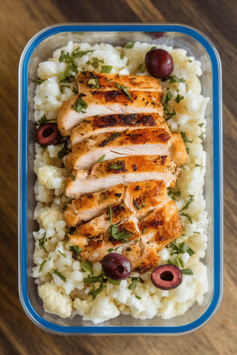 An indoor meal-prep container holding grilled chicken strips atop cauliflower rice flecked with chopped olives and herbs. Photo only, no branding.