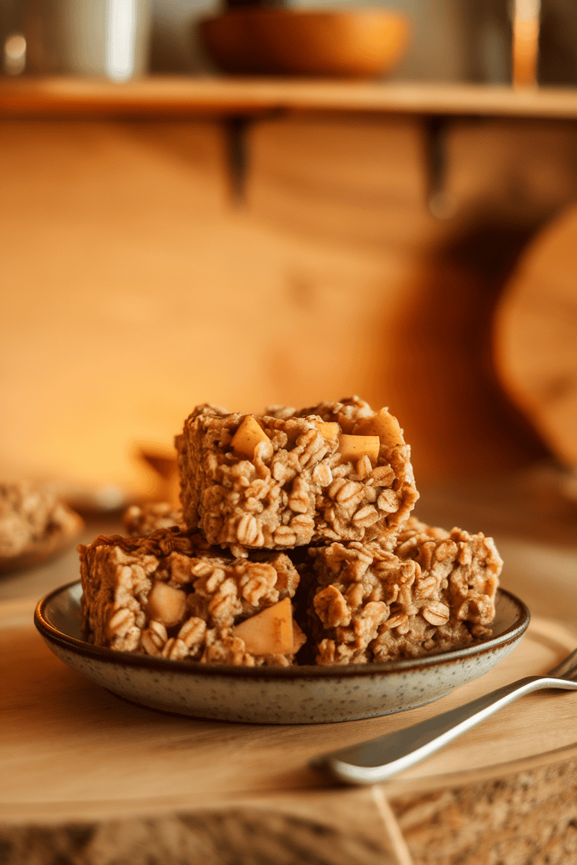 Indoor photo of square pieces of apple-cinnamon baked oatmeal stacked on a small plate, visible apple chunks and oats, warm kitchen lighting, no text or logos.