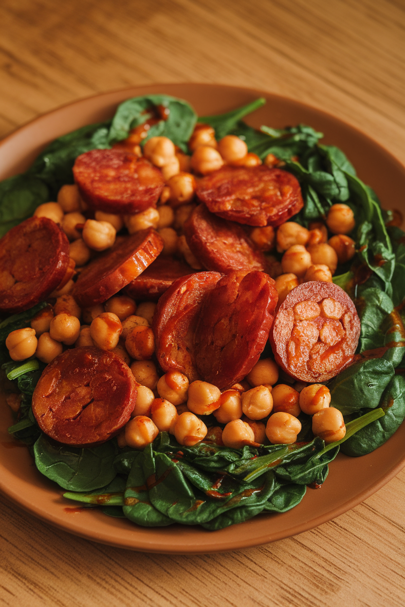 Warm indoor photo of sautéed chorizo and chickpeas on wilted spinach with smoked paprika drizzle. No logos or text.
