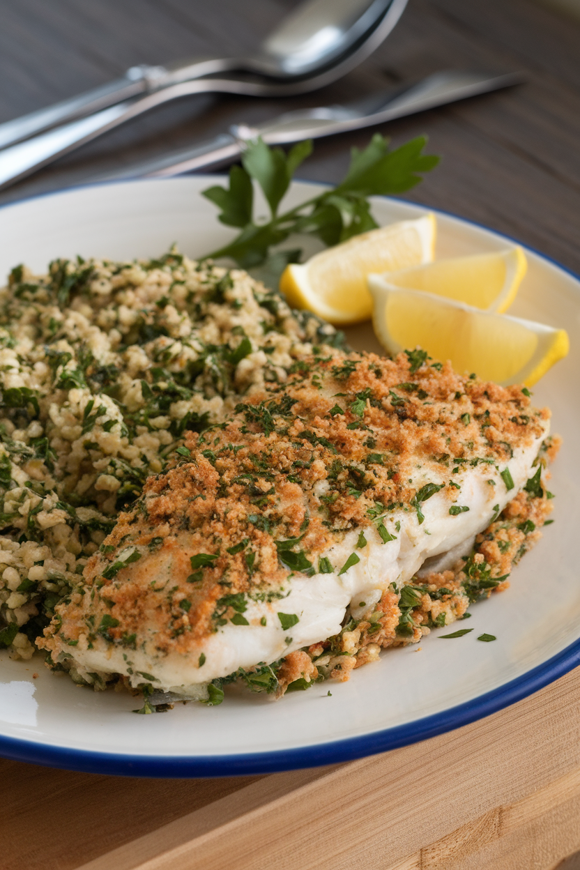 An indoor dinner plate featuring tilapia fillet coated in chopped herbs and breadcrumbs, served next to parsley-heavy bulgur tabbouleh. No logos; photography only.