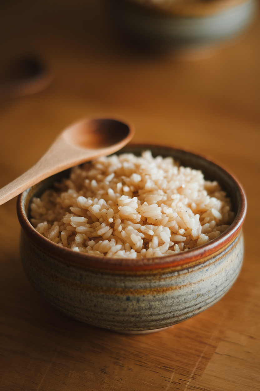 Indoor photo of a ceramic bowl of cooked brown rice with a wooden spoon resting on the rim; no text or logos