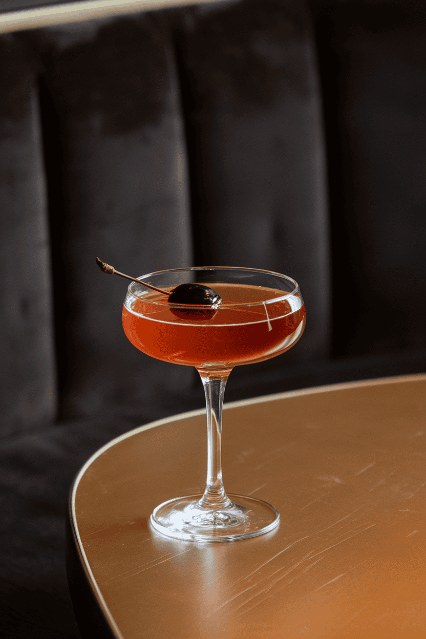 Indoor lounge table with crystal coupe of nearly black Manhattan, brandied cherry sinking, dark velvet backdrop; no text or logos, photo.