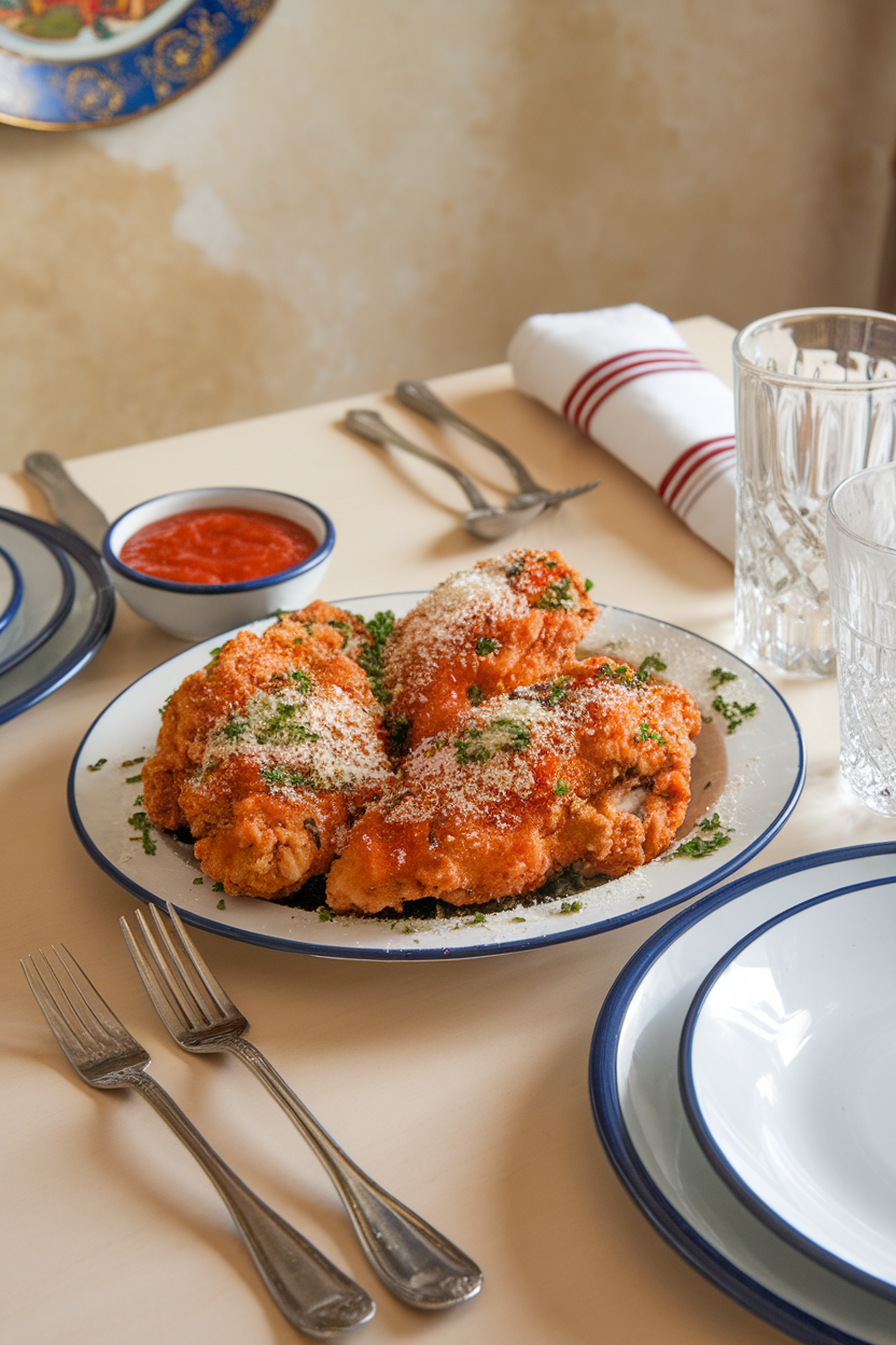 An indoor dining table with a plate of fried chicken breasts dusted in grated Parmesan and minced parsley, small bowl of marinara nearby, photo only, no text or logos