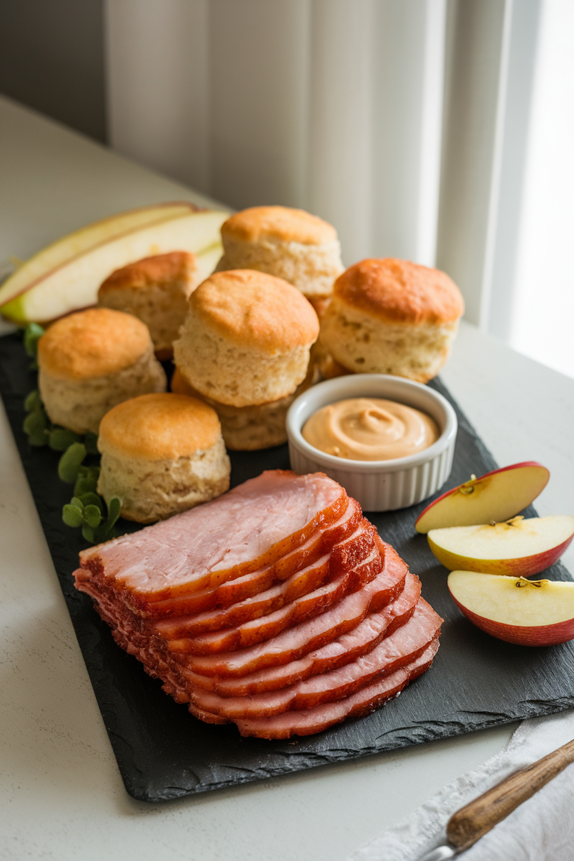 A softly lit indoor tabletop with a slate platter holding folded slices of maple-glazed ham, mini buttermilk biscuits, honey mustard in a small bowl, and a few apple wedges. No text or logos. Photo only.