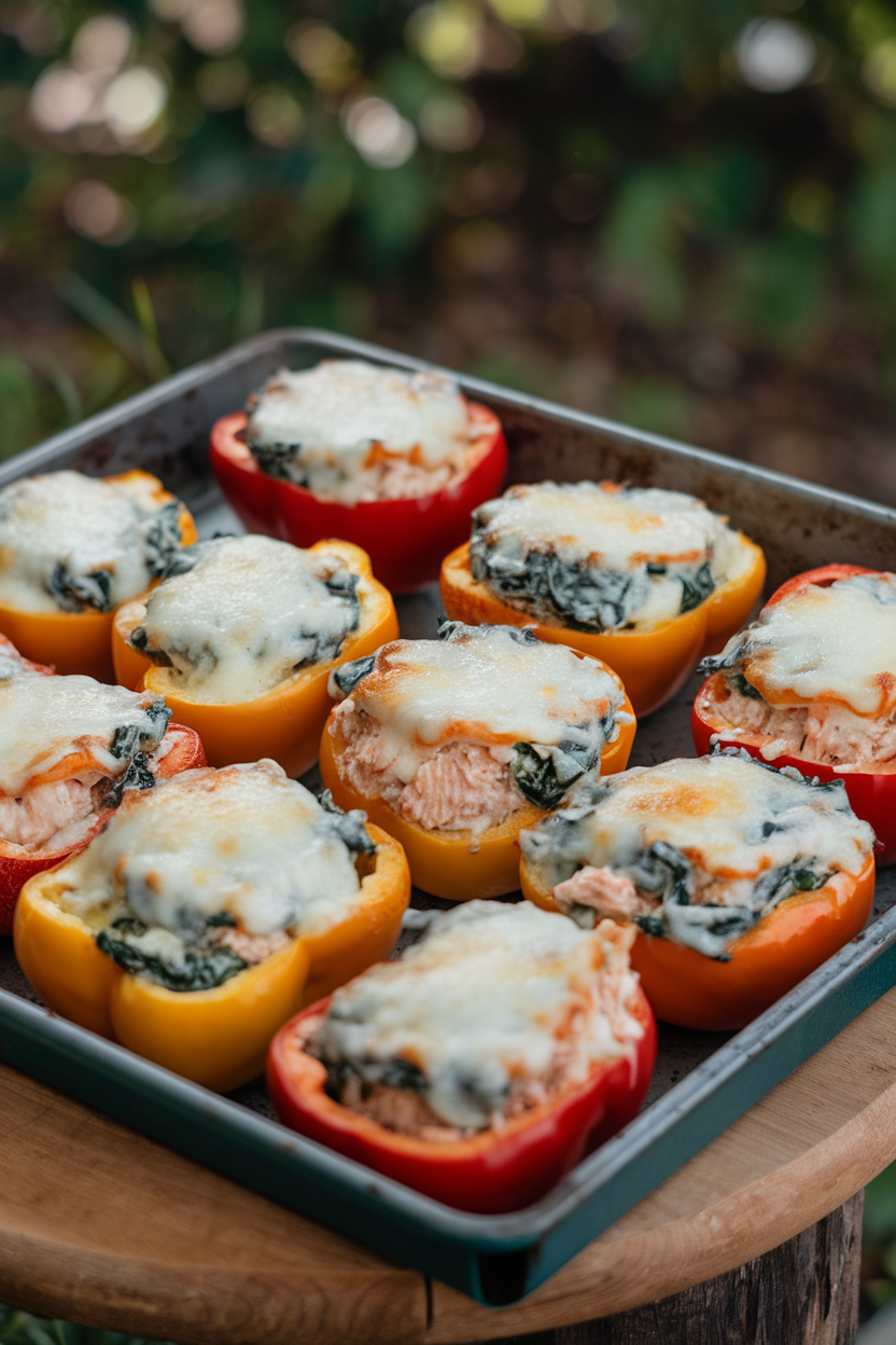 Indoor baking tray of halved bell peppers filled with creamy cod and spinach mixture, cheese bubbled on top. No text or logos.