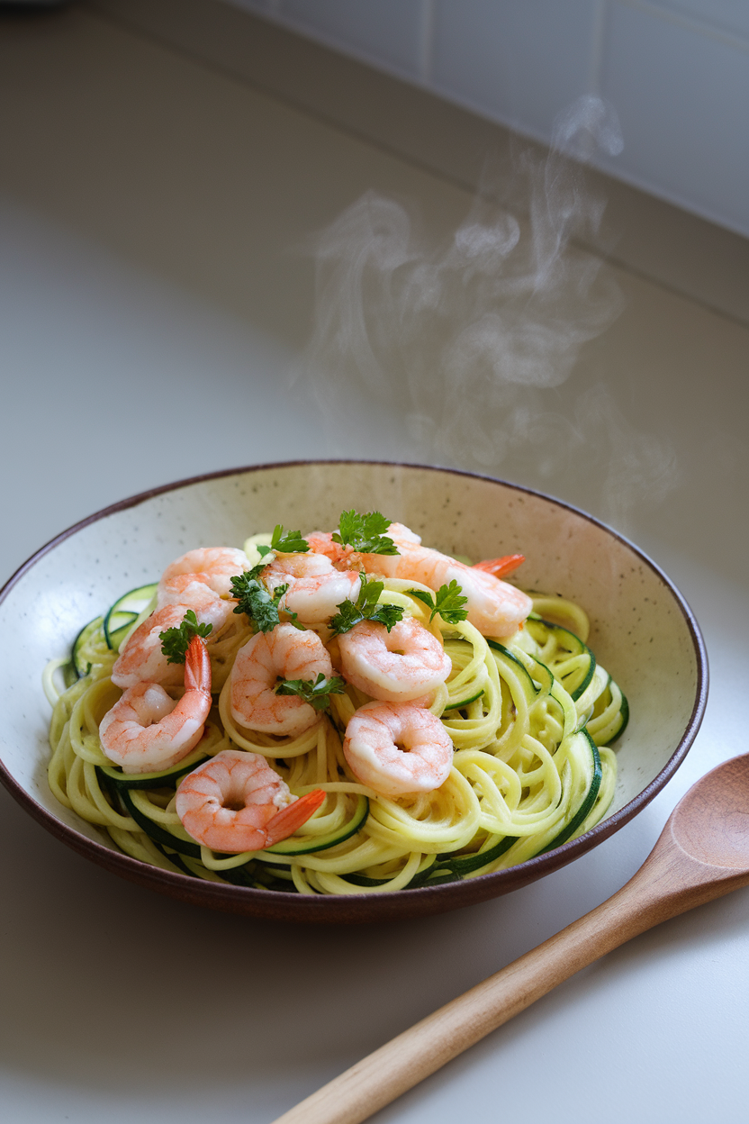 A shallow bowl on an indoor countertop holding cooked zucchini noodles twirled with garlic shrimp and parsley, steam rising subtly. No text or logos, photo style.