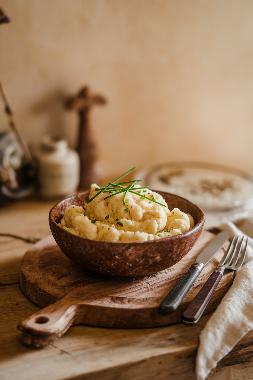 Photo of a warm indoor dining table with a rustic bowl of creamy mashed cauliflower topped with chives; no text or logos