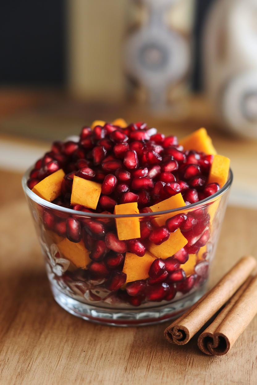 A glass bowl indoors filled with ruby pomegranate arils mixed with diced pumpkin-spice-roasted butternut squash, cinnamon sticks beside the bowl. No text or logos.