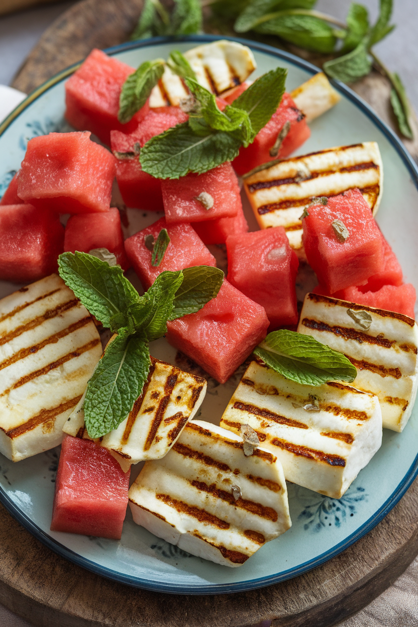 Photo of an indoor platter featuring grilled halloumi slices and watermelon cubes scattered with mint leaves; no text or logos.