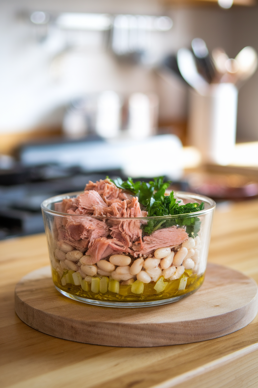 Photo, indoor kitchen island with a glass container of cooked tuna chunks, cannellini beans, chopped celery, and parsley dressed in olive oil; no text or logos.