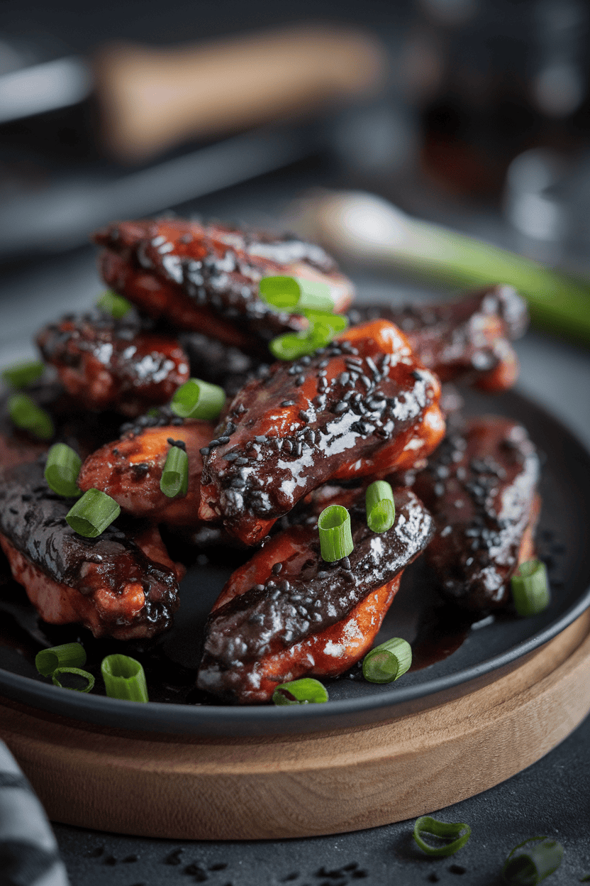 Moody indoor platter of baked chicken wings glazed deep purple-black with balsamic-soy sauce, sprinkled with black sesame seeds. Photo; no text or logos.