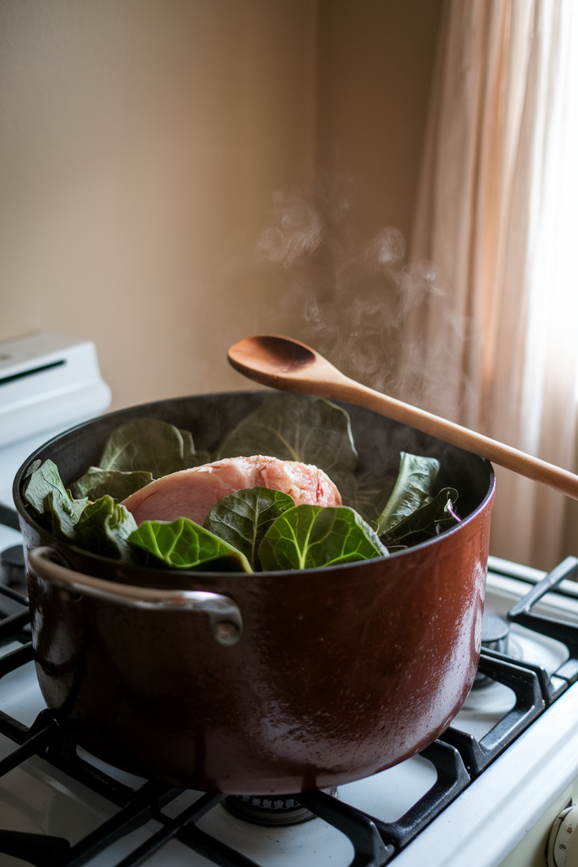 Indoor stovetop view of a heavy pot filled with deep-green collards and a visible ham hock, a wooden spoon resting on the side, no text or logos. Photo.