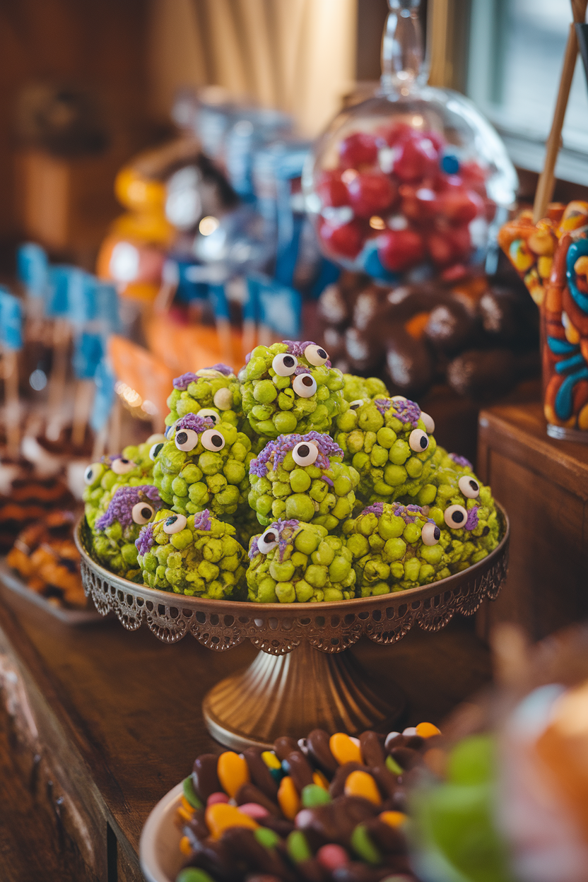 An indoor snack station with bright green popcorn balls studded with candy eyes and purple sprinkles, stacked on a cake stand. Photo only, no text or logos.