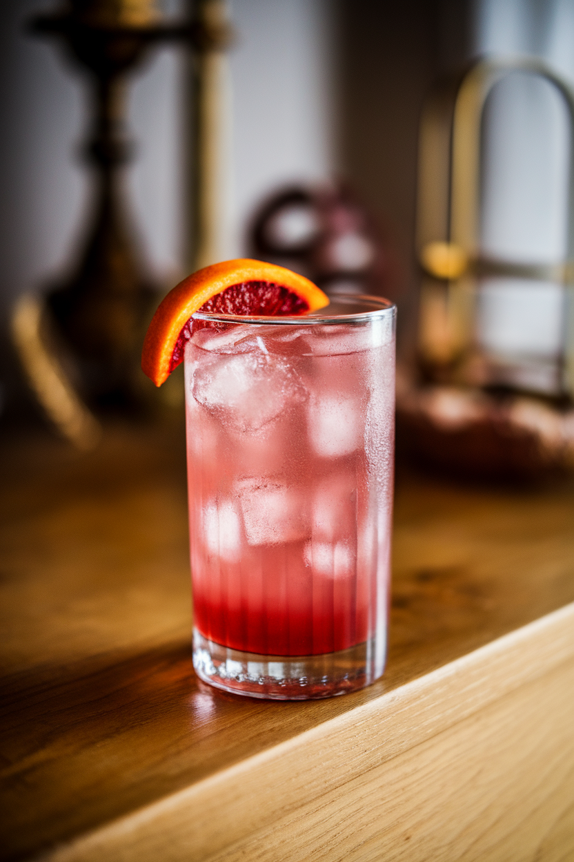 Indoor cantina bar with a salted highball glass of pinkish-red Paloma, half blood-orange wheel perched atop ice. No text or logos present. Photo, not illustration.