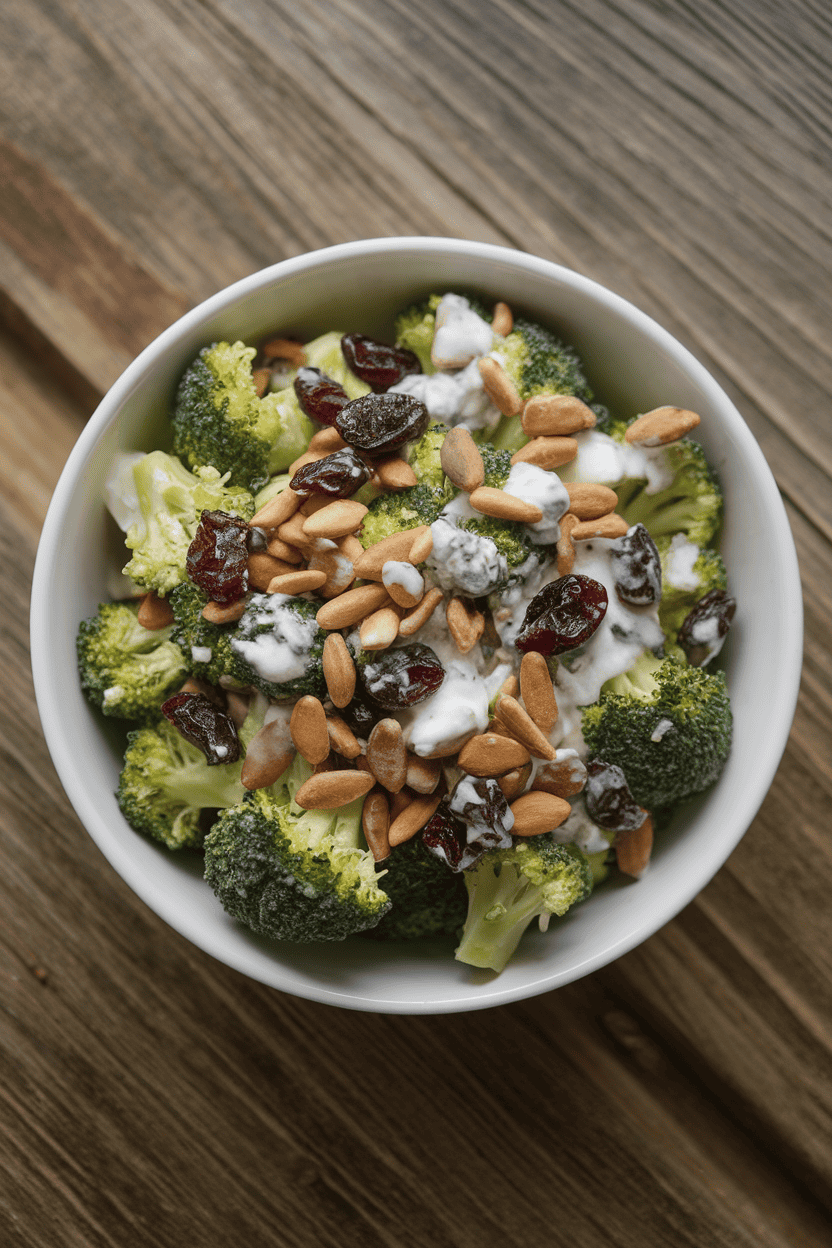 Indoor kitchen table shot of bite-sized broccoli florets mixed with dried cranberries, toasted sunflower seeds, and a creamy yogurt dressing—no logos, photo only.