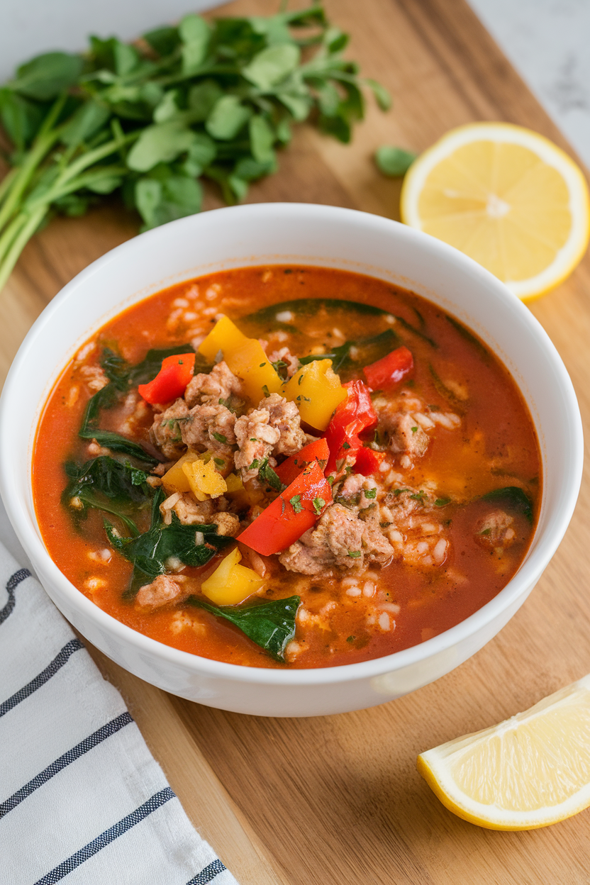 An indoor soup bowl containing a tomato-broth soup with ground turkey, diced bell peppers, spinach, and rice. No logos present; photography only.
