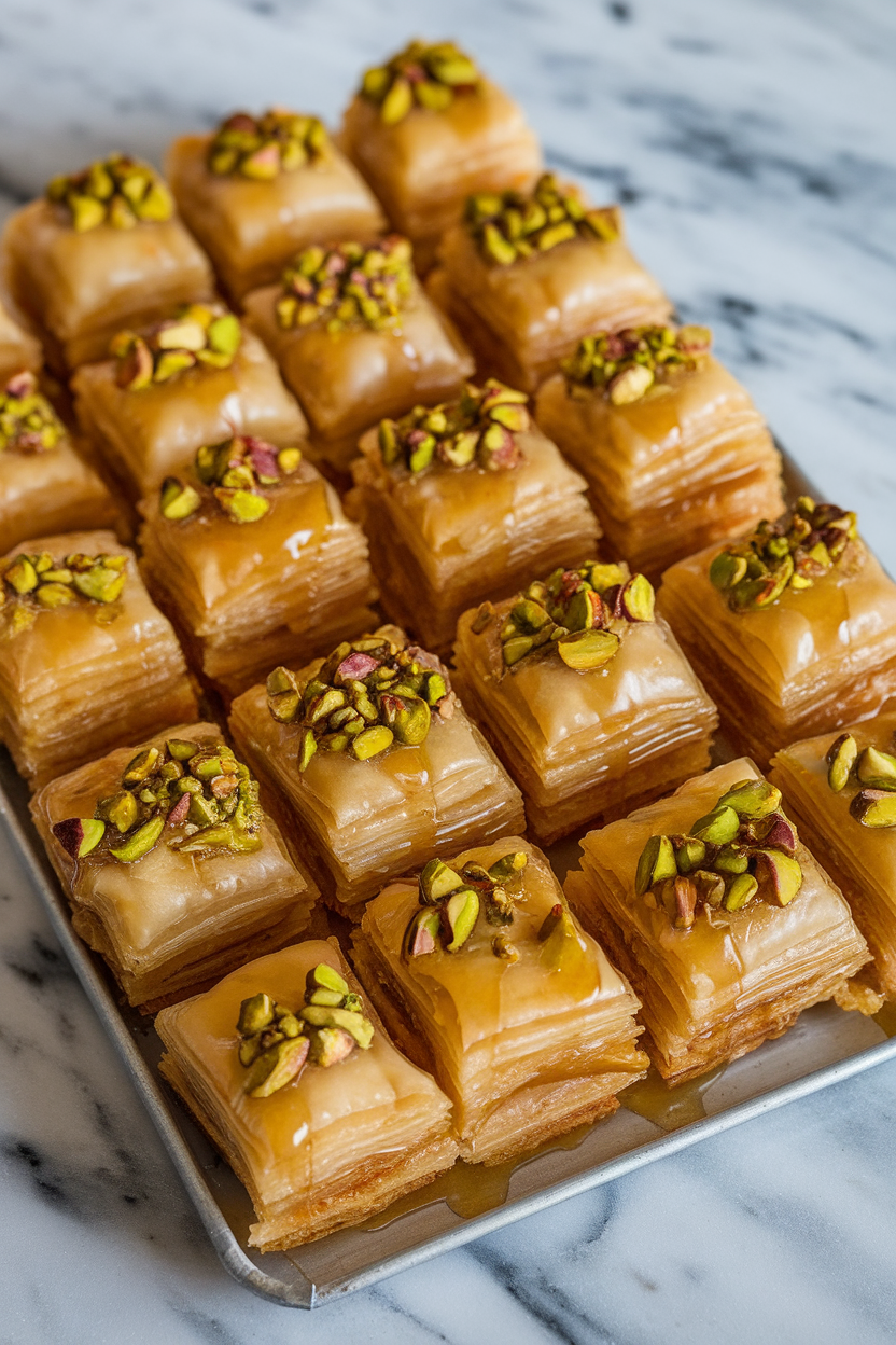 Photo of mini baklava squares indoors with visible pistachio layers and syrup sheen; no text or logos.
