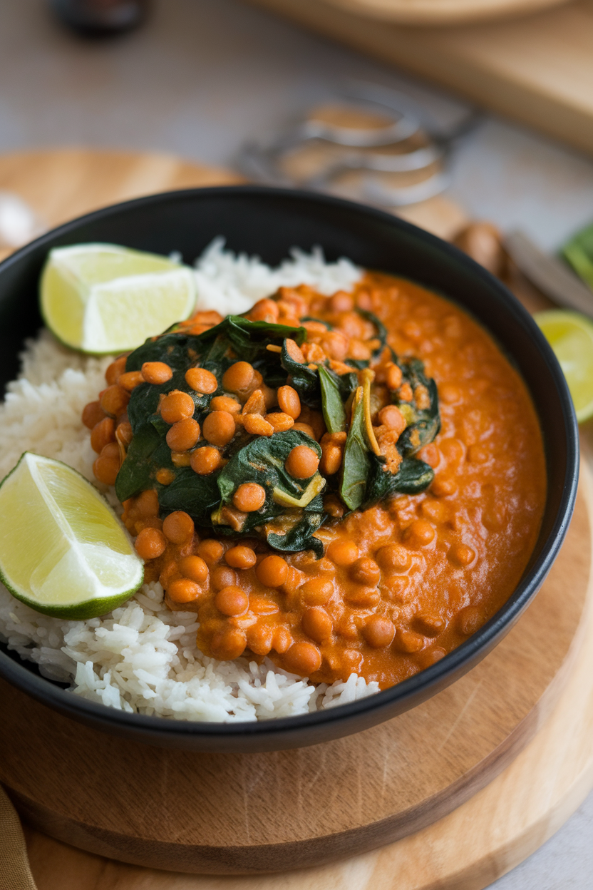 Indoor photo of a deep bowl filled with red lentils simmered in coconut milk curry, served over jasmine rice with steamed baby spinach and lime wedges. No text or logos visible.
