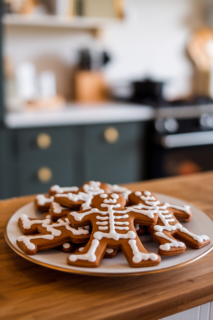 A wooden indoor countertop holding gingerbread cookies iced with white bone outlines that form playful skeletons. Photo only, no text or logos.