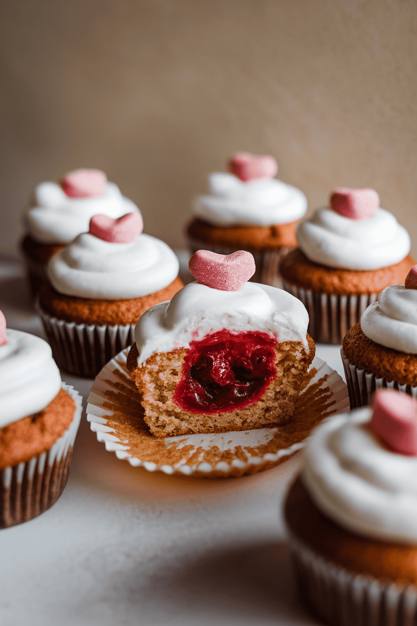 Indoor tabletop photo of almond cupcakes split open to reveal bright red cherry filling, topped with white frosting and a small candy heart; no text or logos
