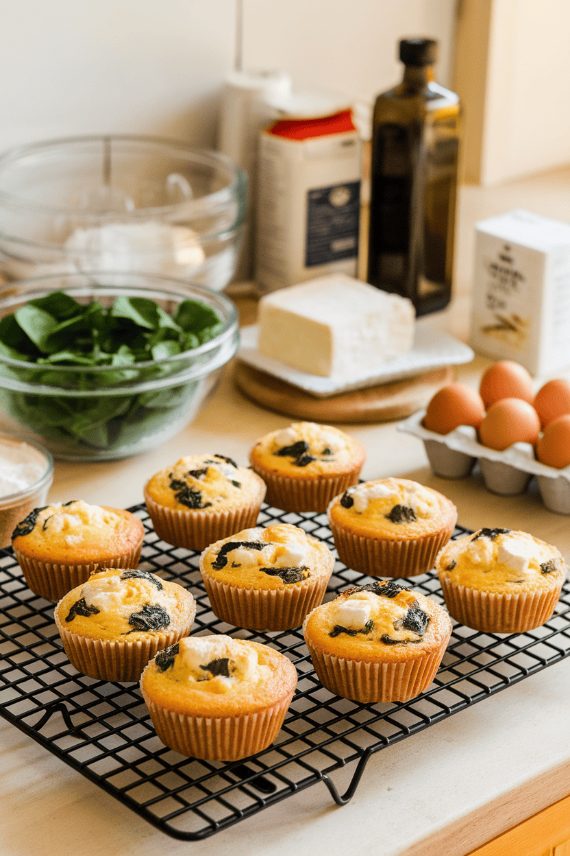 An indoor kitchen counter with a cooling rack holding several golden egg muffins studded with spinach and feta. Photo only, without any branding.