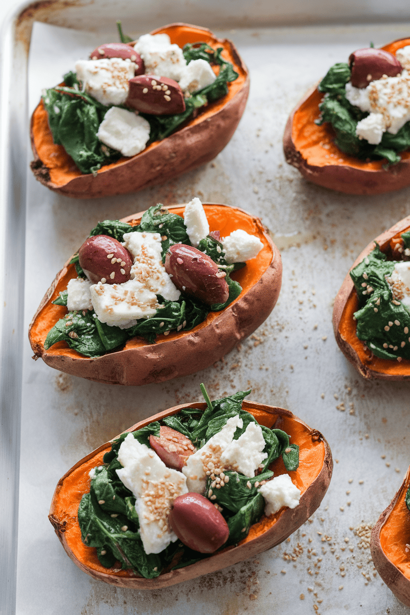 Indoor image of halved roasted sweet potatoes filled with spinach, feta, and olives on a white baking sheet. No text or logos.