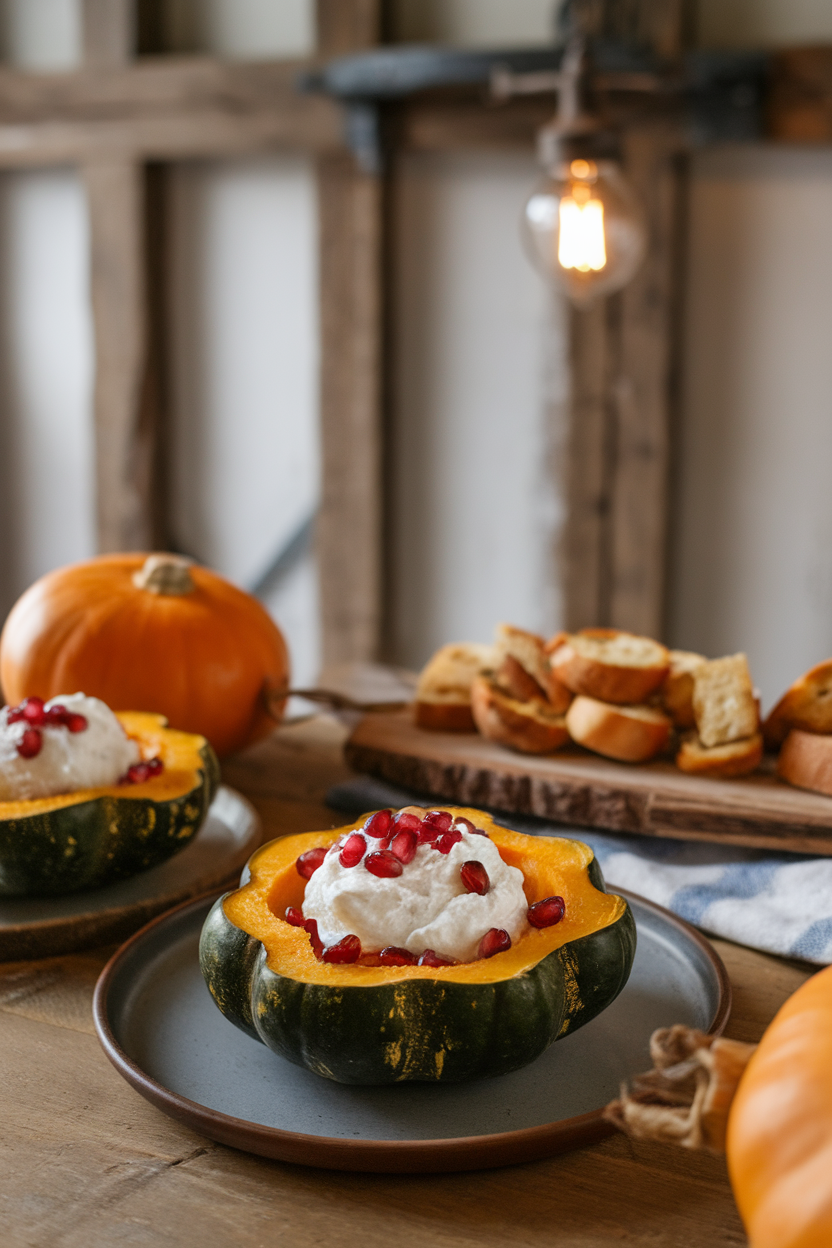 Indoor harvest table with hollowed acorn squash rings filled with whipped ricotta, topped with pomegranate seeds, set on a rustic board with crostini on the side. No text or logos. Photo only.