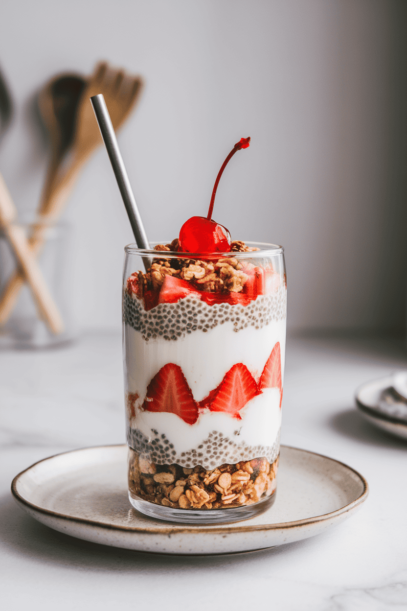 Indoor photo of a glass parfait layered with plain yogurt, homemade strawberry chia jam, and granola, no text or logos.