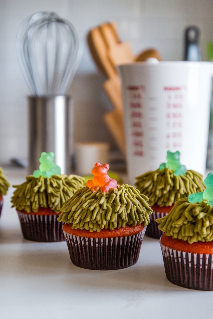 Indoor kitchen counter featuring cranberry-orange cupcakes with shaggy green frosting “moss” and gummy frog toppers, no text or logos.